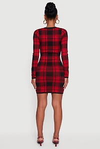 Womens Faux Button Long Sleeve V Neck Plaid Sweater Dress, Red, Size M