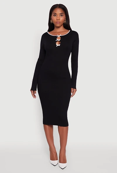 Womens Ribbed Knit Bow Detail Sweater Midi Dress,