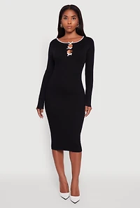 Womens Ribbed Knit Bow Detail Sweater Midi Dress, S