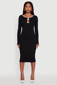 Womens Ribbed Knit Bow Detail Sweater Midi Dress, S