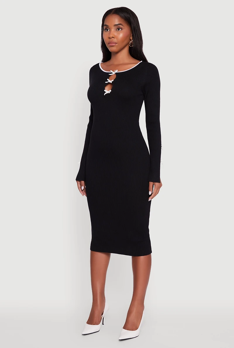 Womens Ribbed Knit Bow Detail Sweater Midi Dress,