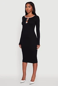 Womens Ribbed Knit Bow Detail Sweater Midi Dress,