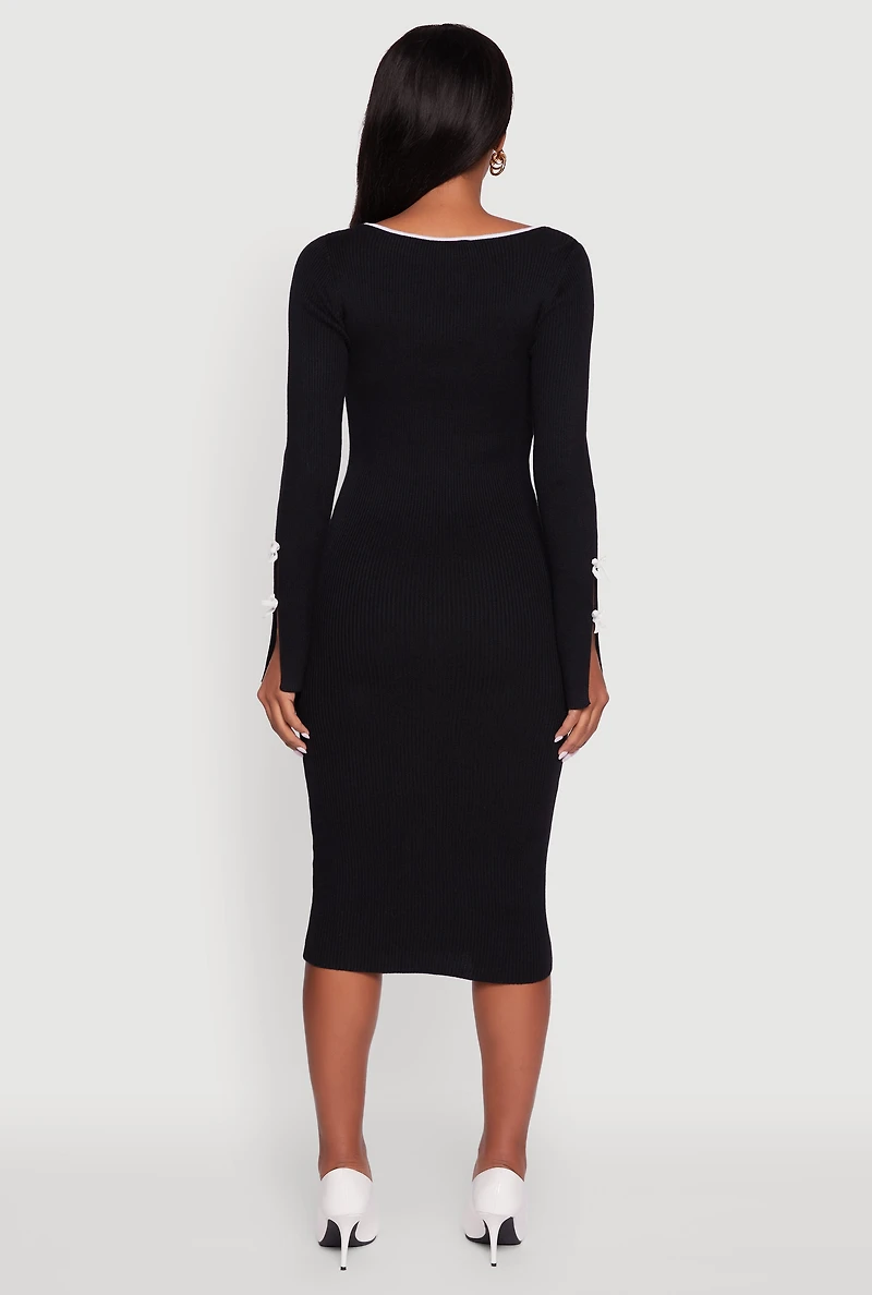 Womens Ribbed Knit Bow Detail Sweater Midi Dress, S