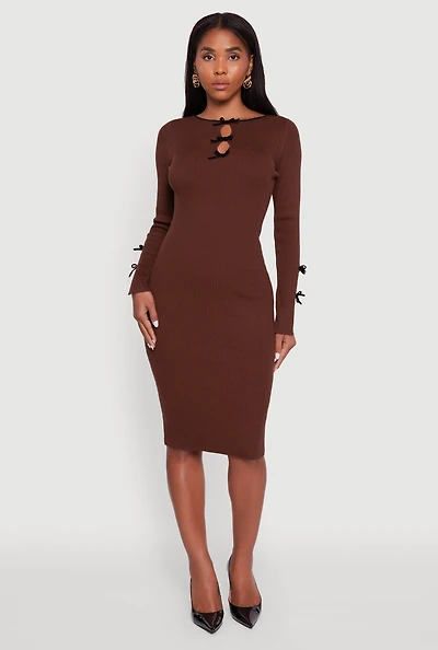 Ribbed Knit Bow Detail Sweater Midi Dress