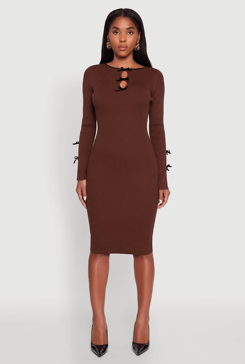 Womens Ribbed Knit Bow Detail Sweater Midi Dress, M