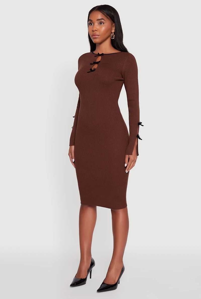 Womens Ribbed Knit Bow Detail Sweater Midi Dress, M
