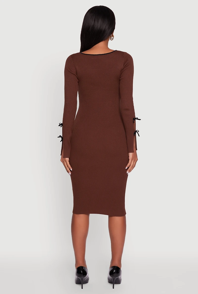 Womens Ribbed Knit Bow Detail Sweater Midi Dress, M
