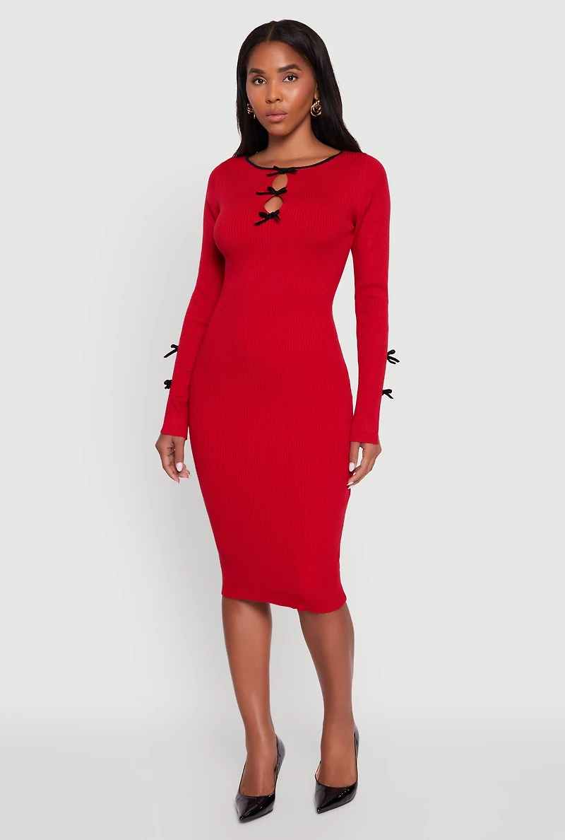 Womens Ribbed Knit Bow Detail Sweater Midi Dress, Red, Size M