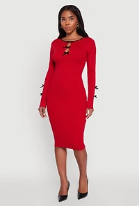 Womens Ribbed Knit Bow Detail Sweater Midi Dress, Red, Size M