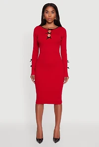 Womens Ribbed Knit Bow Detail Sweater Midi Dress, Red, Size M