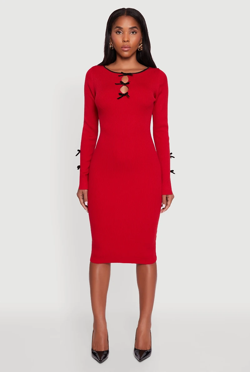 Womens Ribbed Knit Bow Detail Sweater Midi Dress, Red, Size L