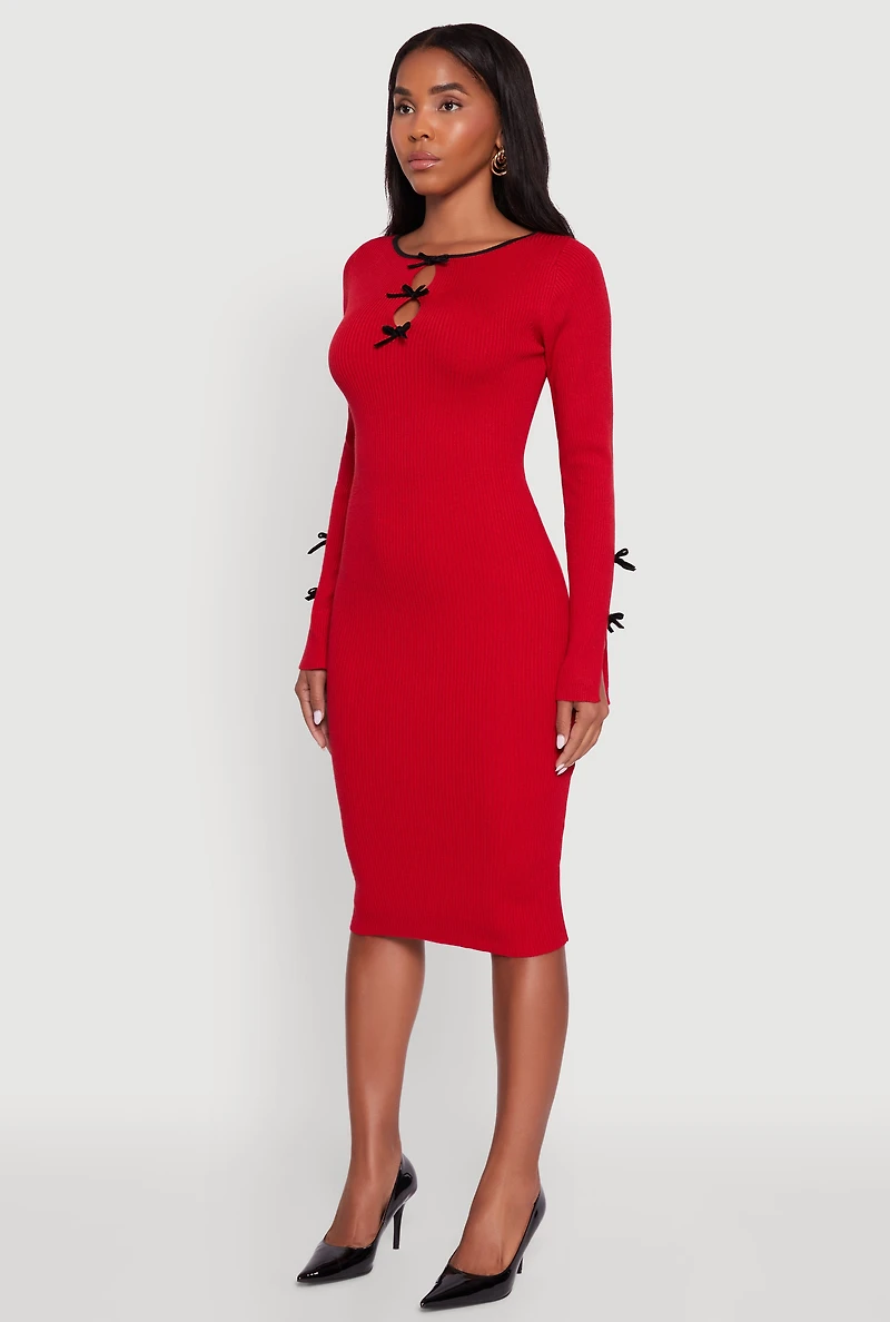 Womens Ribbed Knit Bow Detail Sweater Midi Dress, Red, Size M