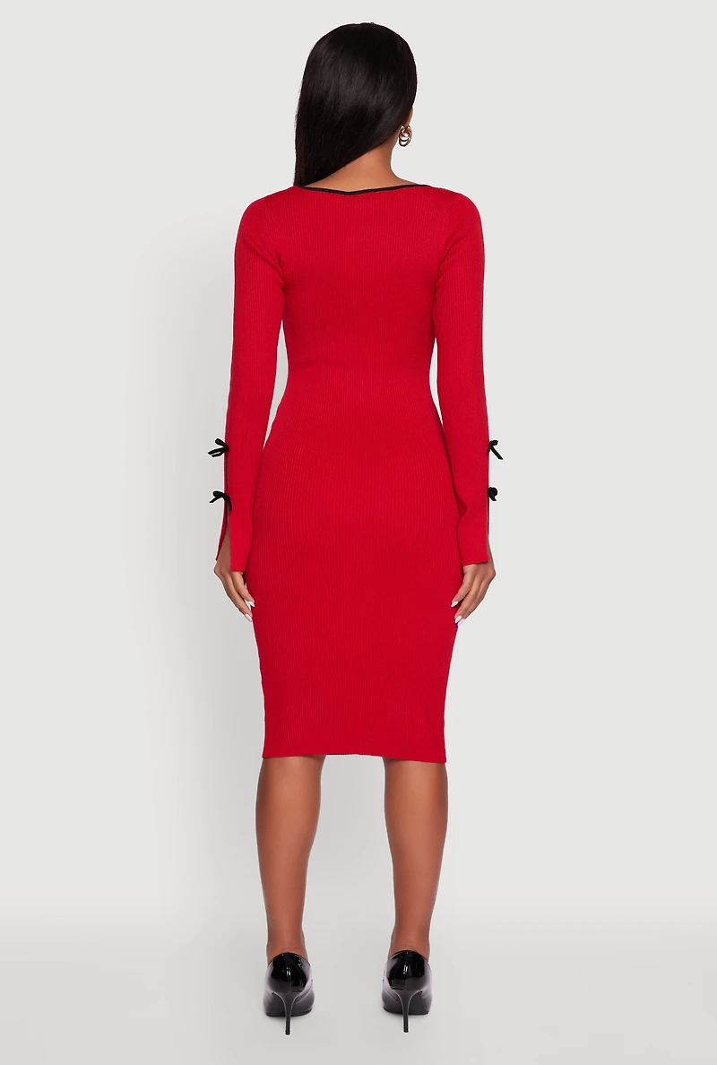 Womens Ribbed Knit Bow Detail Sweater Midi Dress, Red, Size M