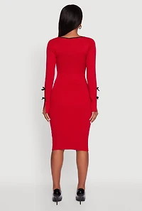 Womens Ribbed Knit Bow Detail Sweater Midi Dress, Red, Size M