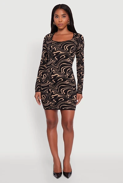 Womens Trendy Psychedelic Swirl Print Mini Sweater Dress, Black, Size M
