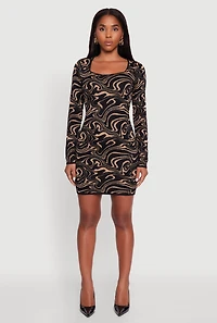 Womens Trendy Psychedelic Swirl Print Mini Sweater Dress, Black, Size M