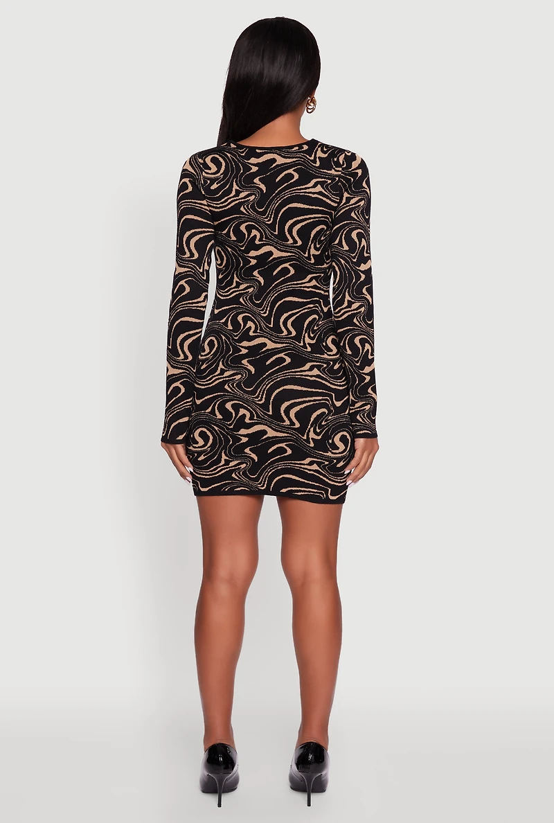 Womens Trendy Psychedelic Swirl Print Mini Sweater Dress, Black, Size M