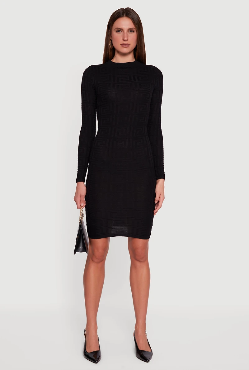 Womens Long Sleeve Sweater Dress with Greek Key Pattern, M