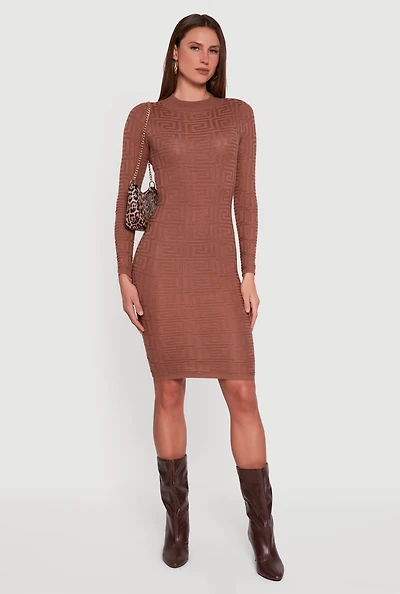 Long Sleeve Sweater Dress with Greek Key Pattern