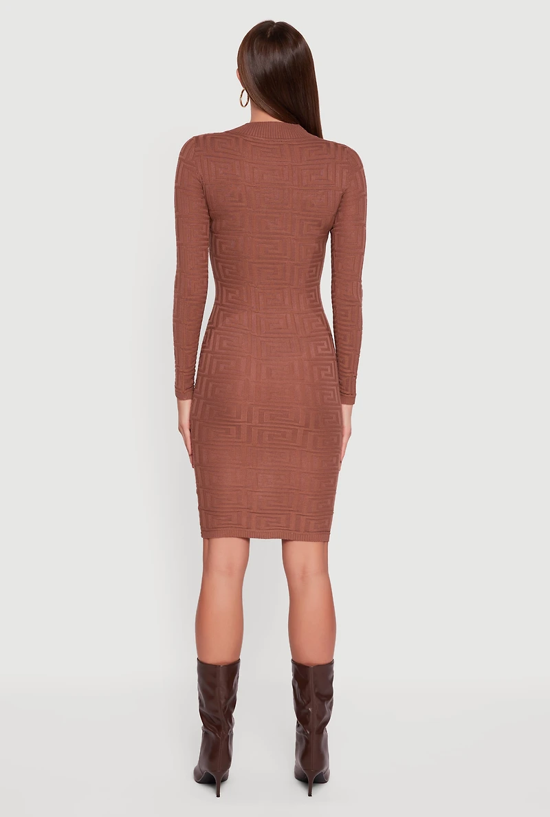 Long Sleeve Sweater Dress with Greek Key Pattern