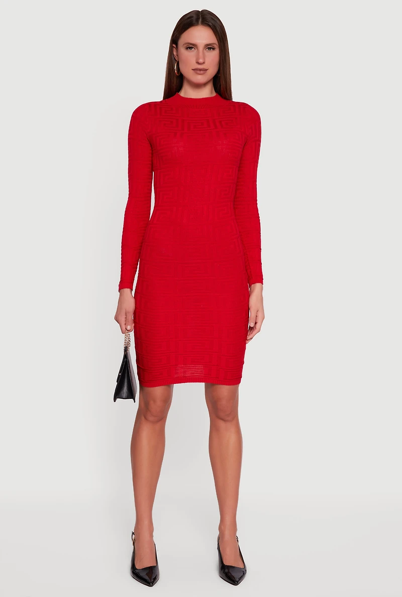 Long Sleeve Sweater Dress with Greek Key Pattern