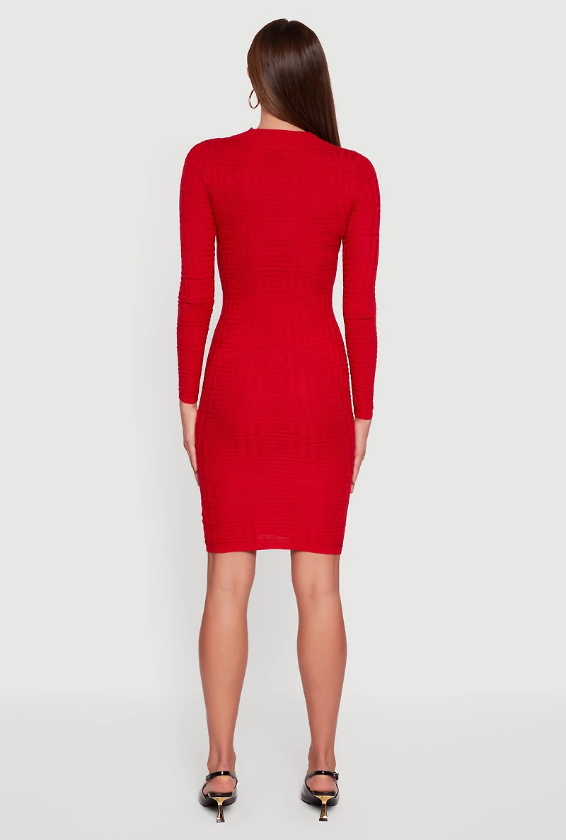 Long Sleeve Sweater Dress with Greek Key Pattern