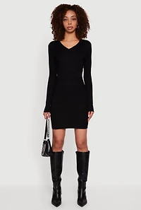 Greek Key Rib Knit Long Sleeve V-Neck Sweater Dress