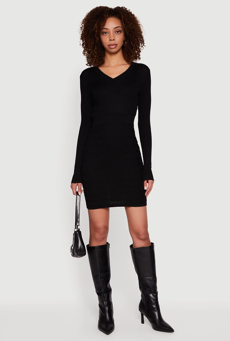 Greek Key Rib Knit Long Sleeve V-Neck Sweater Dress