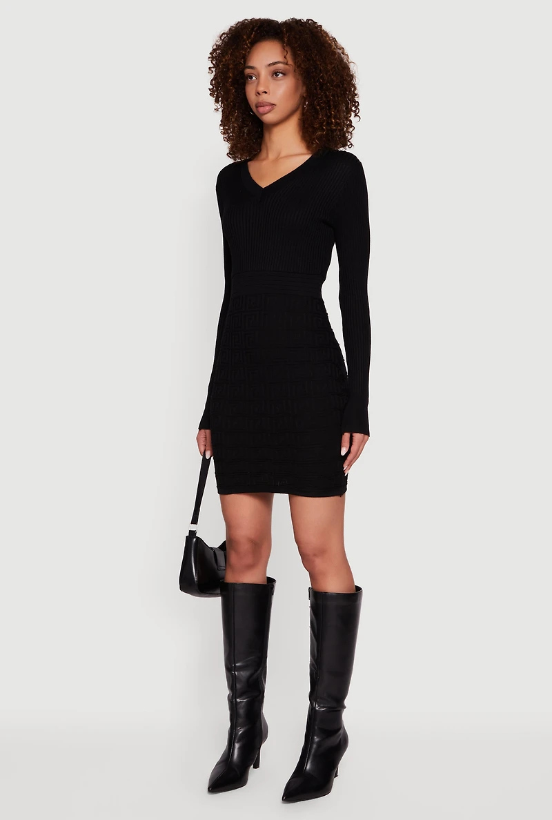 Greek Key Rib Knit Long Sleeve V-Neck Sweater Dress