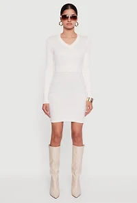 Womens Greek Key Rib Knit Long Sleeve V-Neck Sweater Dress, White, Size L