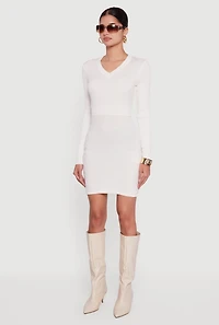 Womens Greek Key Rib Knit Long Sleeve V-Neck Sweater Dress, White, Size L