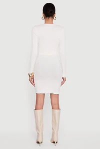 Womens Greek Key Rib Knit Long Sleeve V-Neck Sweater Dress, White, Size L