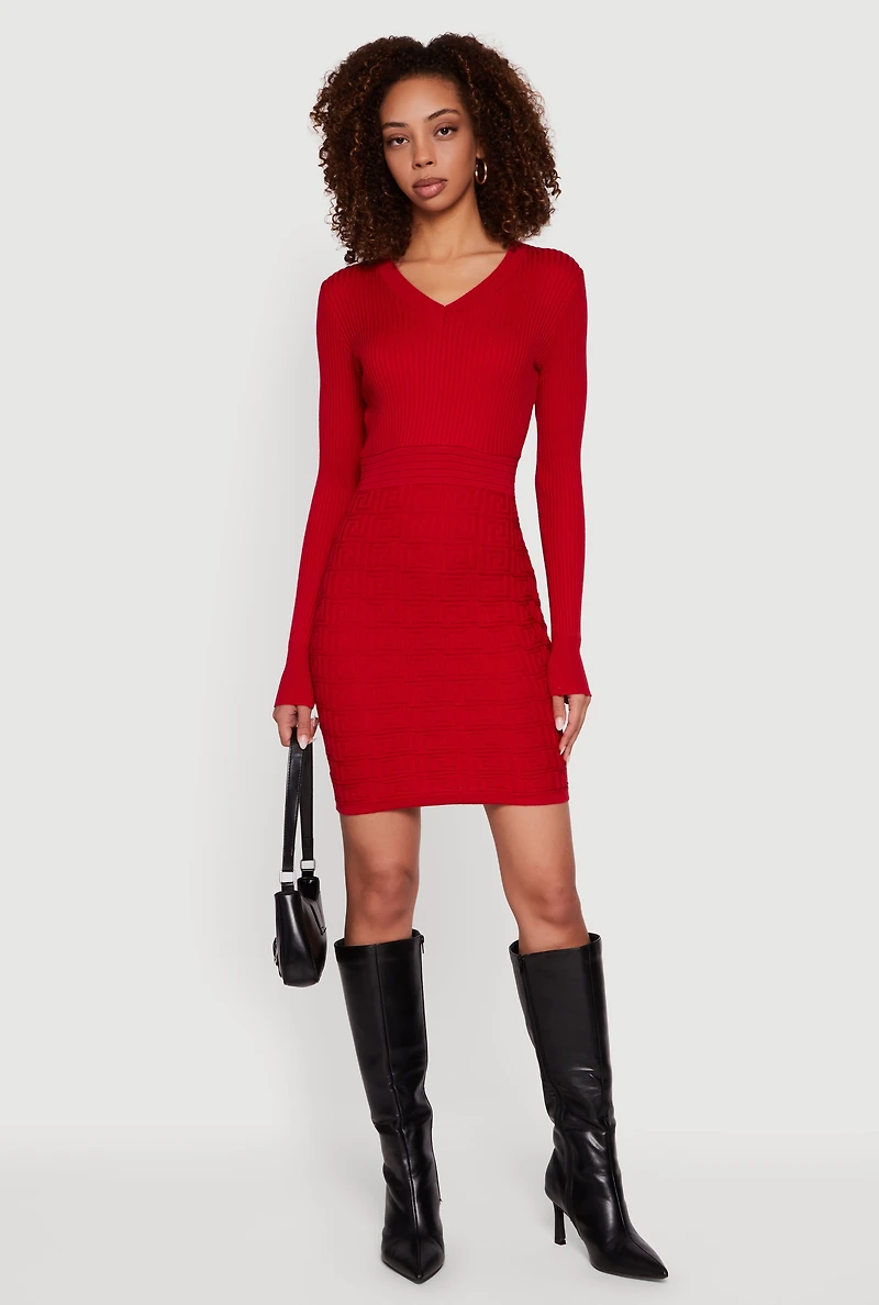 Womens Greek Key Rib Knit Long Sleeve V-Neck Sweater Dress,
