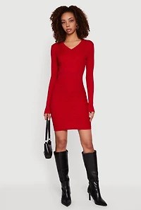 Womens Greek Key Rib Knit Long Sleeve V-Neck Sweater Dress,