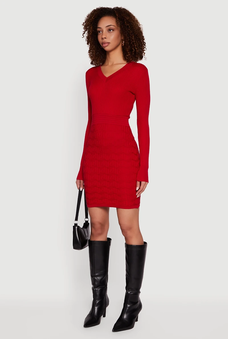 Womens Greek Key Rib Knit Long Sleeve V-Neck Sweater Dress,