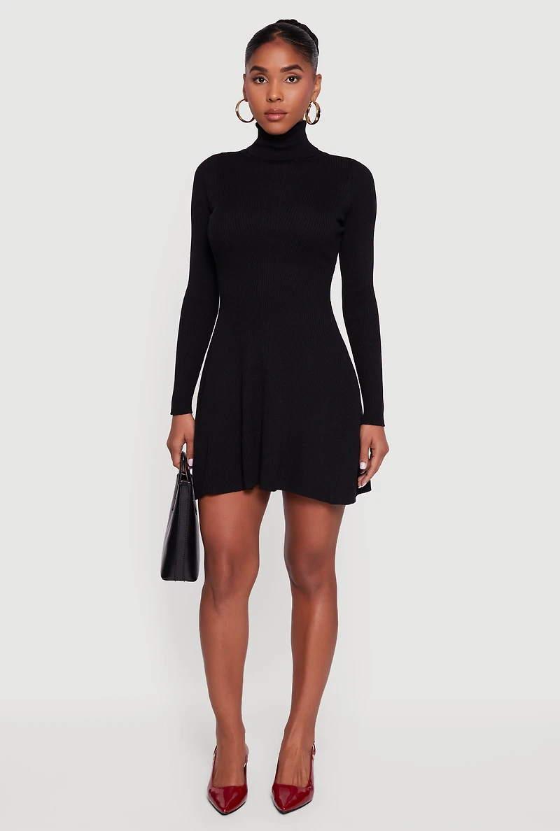 Rib Knit Long Sleeve Turtle Neck Sweater Dress