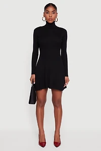 Womens Rib Knit Long Sleeve Turtle Neck Sweater Dress, Black, Size M