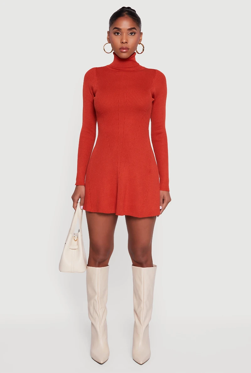 Rib Knit Long Sleeve Turtle Neck Sweater Dress