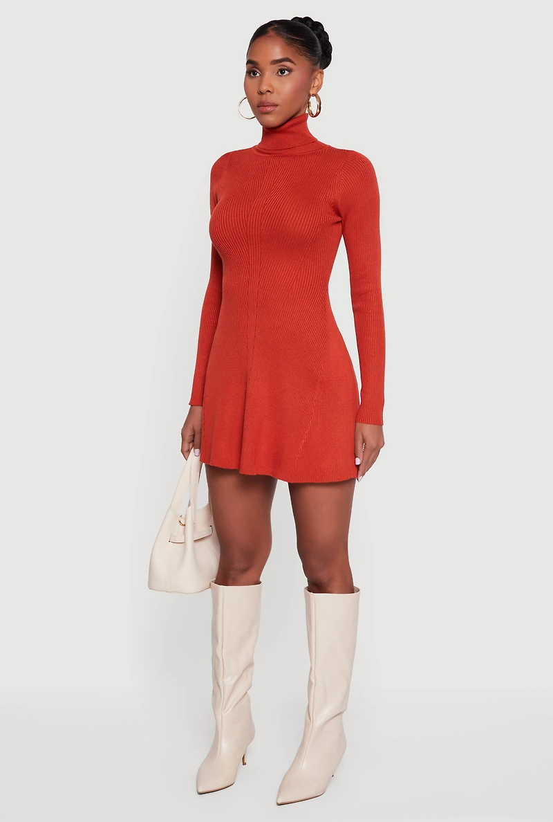 Womens Rib Knit Long Sleeve Turtle Neck Sweater Dress, Orange, Size M