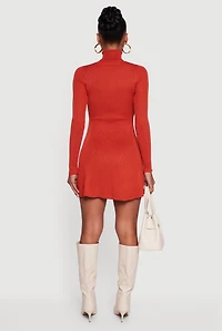 Womens Rib Knit Long Sleeve Turtle Neck Sweater Dress, Orange, Size M