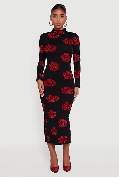 Long Sleeve Rose Print Dress with Back Slit
