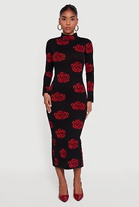 Long Sleeve Rose Print Dress with Back Slit