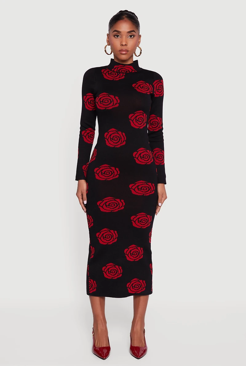 Womens Long Sleeve Rose Print Dress with Back Slit, Black, Size M