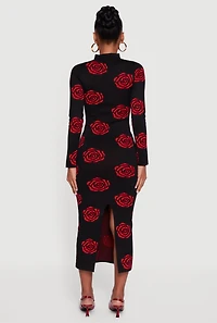 Womens Long Sleeve Rose Print Dress with Back Slit, Black, Size M