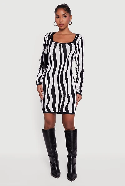 Printed Pattern Long Sleeve Square Neck Sweater Dress