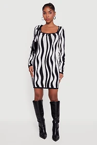 Printed Pattern Long Sleeve Square Neck Sweater Dress