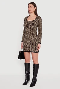 Womens Printed Pattern Long Sleeve Square Neck Sweater Dress,