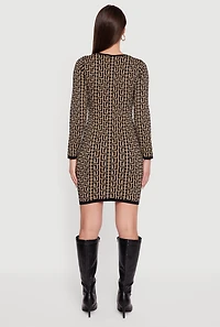 Womens Printed Pattern Long Sleeve Square Neck Sweater Dress,