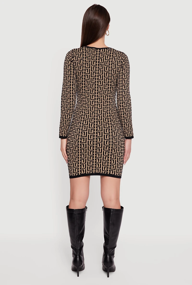 Womens Printed Pattern Long Sleeve Square Neck Sweater Dress, Brown, Size S