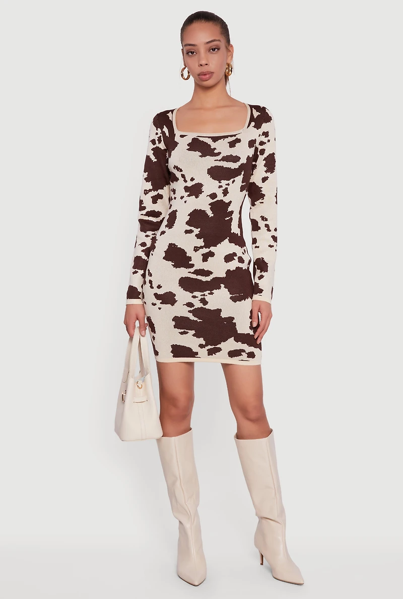 Womens Printed Pattern Long Sleeve Square Neck Sweater Dress,